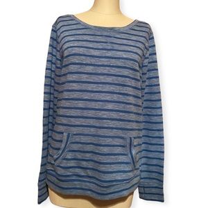 BAKU long sleeve heathered blue-stripe top with swoop back and front pocket 1X